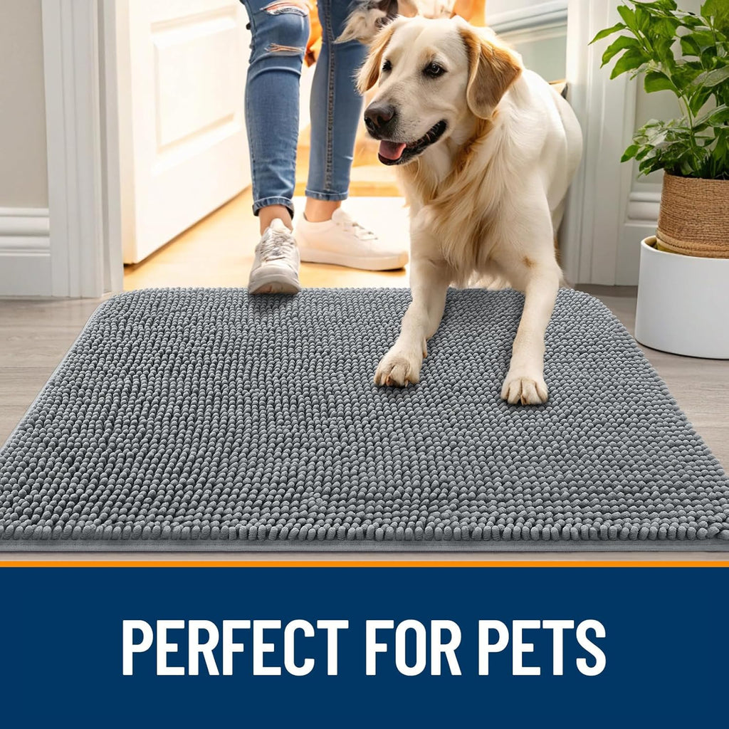 OLANLY Dog Door Mat - Absorbent Non-Slip Chenille Mat for Muddy Paws | 47x32 Inches, Grey