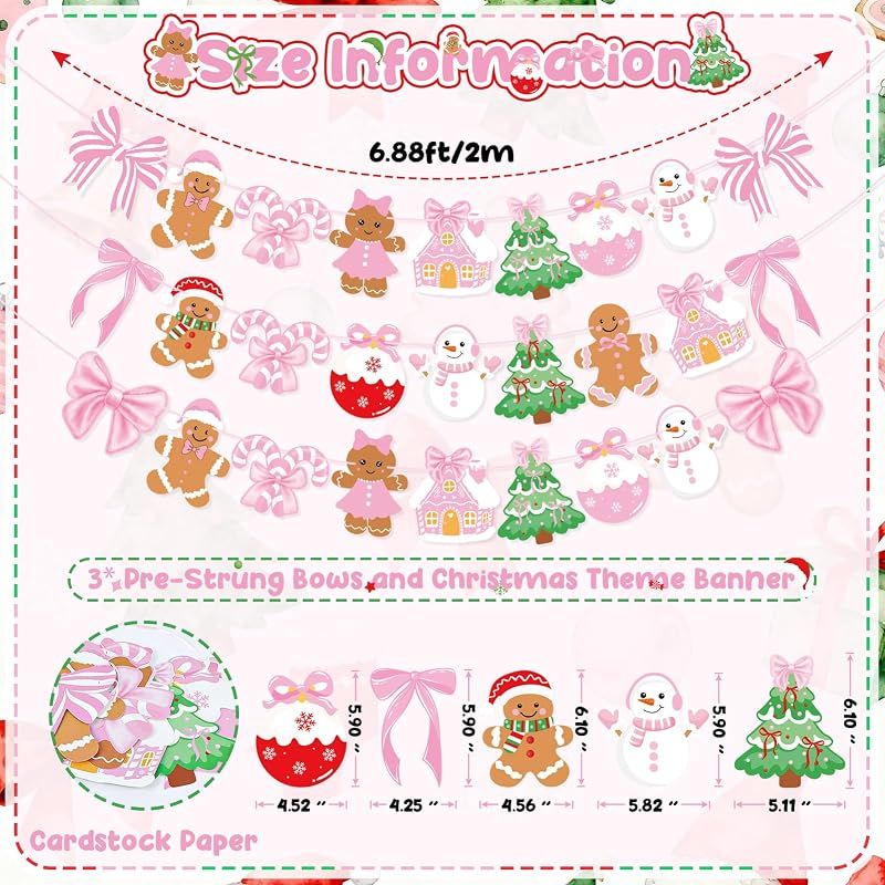 Pink Gingerbread Christmas Banner Set - 3 Piece Wall Garland with Bows