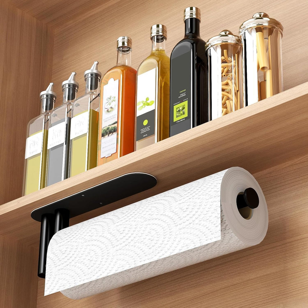 Under Cabinet Paper Towel Holder - Skiennix Heavy Duty Double Pole Design | Stainless Steel, Black