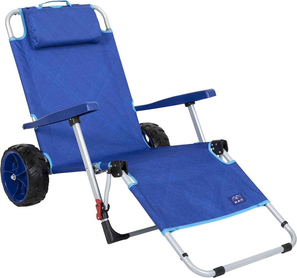 Mac Sports Foldable Beach Chaise Lounge Chair with Integrated Wagon Pull Cart - Ideal for Outdoor Fun
