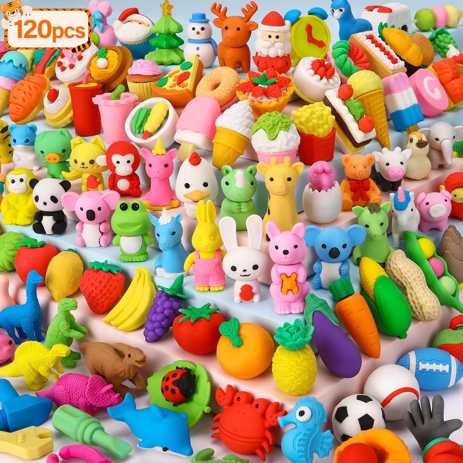 Moosia 120 Pack Animal Pencil Erasers - 3D Mini Puzzle Desk Pets & Party Favors for Kids