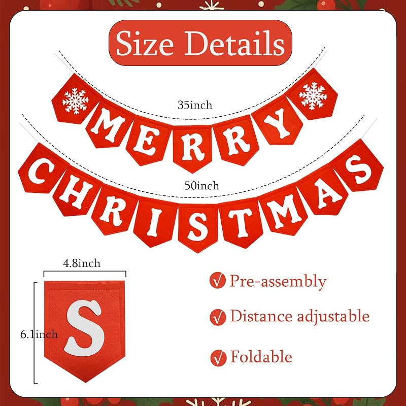 Merry Christmas Banner - Red White Felt Indoor Wall Sign, Ready-to-Hang (Variation: Red White)