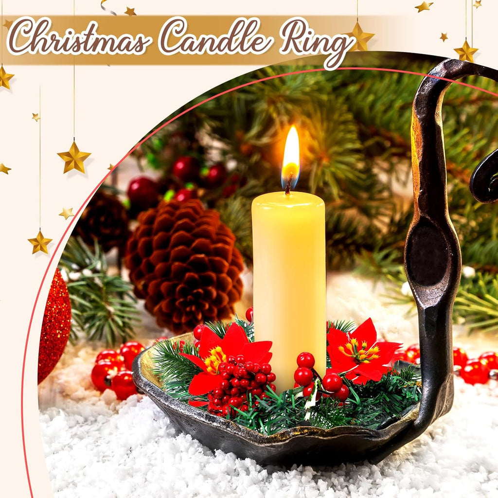 Yilloog Mini Christmas Candle Rings - 8 Sets of Berry & Pinecone Wreaths for Festive Decor | Classic Red Poinsettia