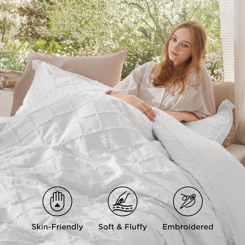 Bedsure Boho Duvet Cover - Soft White Bedding Set for Queen Size | Machine Washable, Includes 1 Cover & 2 Shams