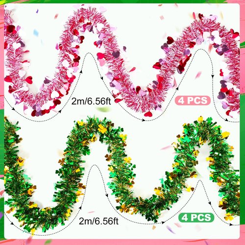 Craftsatin 52ft St Patricks Day Decorations Irish Tinsel Garland Red Pink Heart Gold Green Shamrock Tinsel Garland for Home Indoor Outdoor Wedding Hanging Valentines Irish Holiday Party Decor