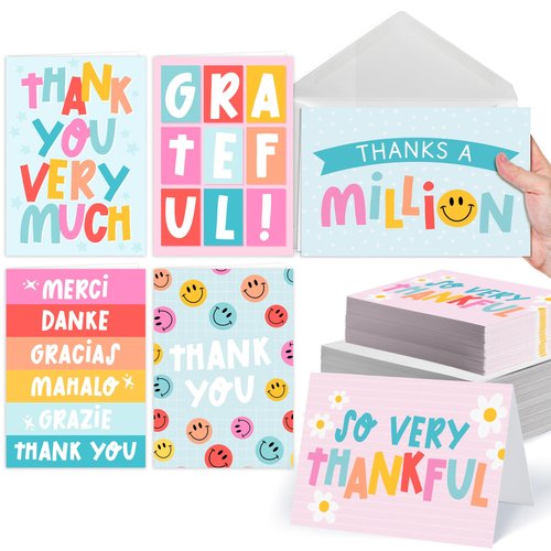 Hadley Designs Bulk Thank You Cards with Envelopes - 54 Kids Thank You Cards For Teachers, Cute Thanks Blank Cards and Envelopes, Fun Appreciation Note Card for Birthday, Baby Shower & Small Business