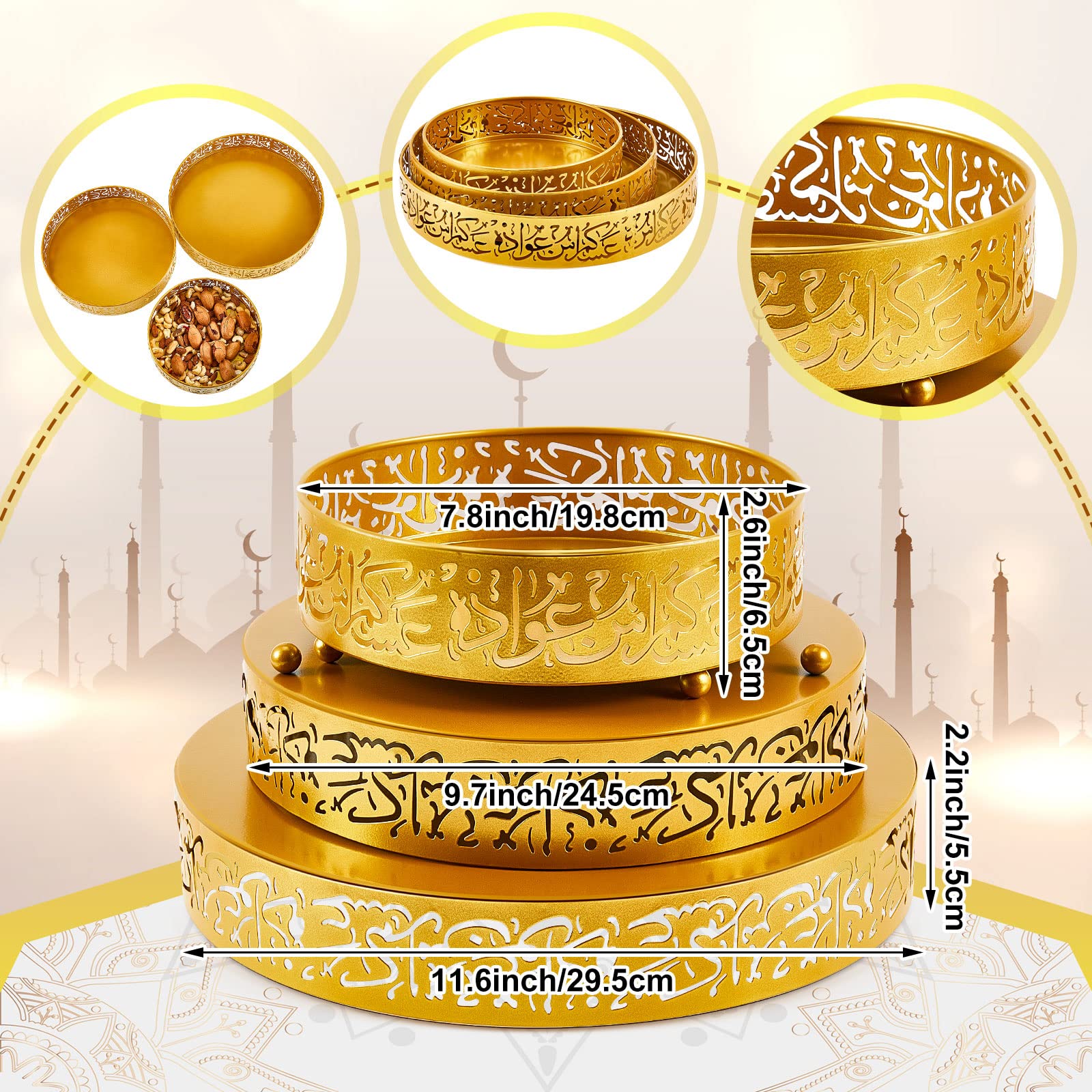 Ramadan Serving Trays - 3 Pieces Iron Gold Round Platter, 3 Sizes Eid Candy Dish, Muslim Pastry Snacks Dessert Holder for Ramadan Mubarak Party Supplies Home Decor
