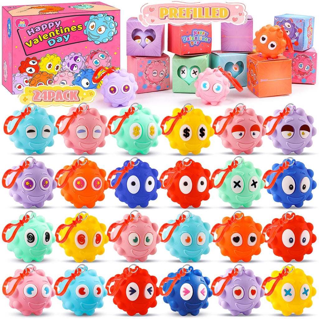 Valentines Day Gifts for Kids, 24 PACK Prefilled Valentines Box with 3D Pop Fidget Ball, Valentines Party Favors, Valentines for Class Boys Girls, Kids Valentines Day Gifts for School Classroom