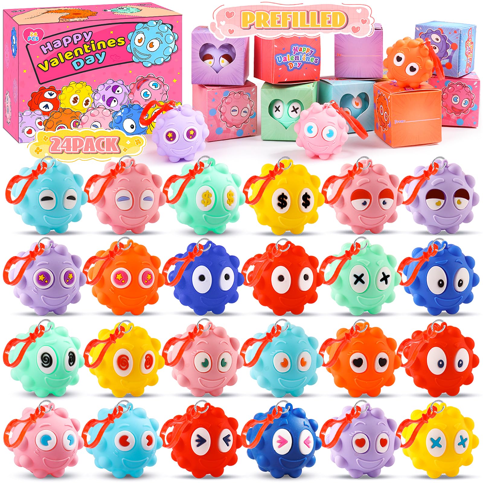 Valentines Day Gifts for Kids, 24 PACK Prefilled Valentines Box with 3D Pop Fidget Ball, Valentines Party Favors, Valentines for Class Boys Girls, Kids Valentines Day Gifts for School Classroom
