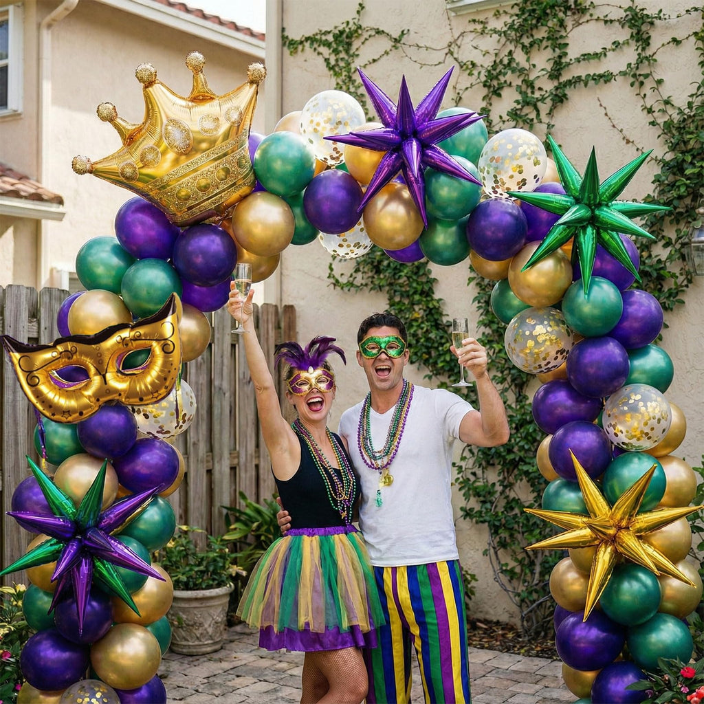 Mardi balloon garland arch kit Purple Emerald green gold with Crown and Mask star mylar Balloons for Grand Fat Tuesday Party Decorations for Gorgeous Funny Festive Vibe
