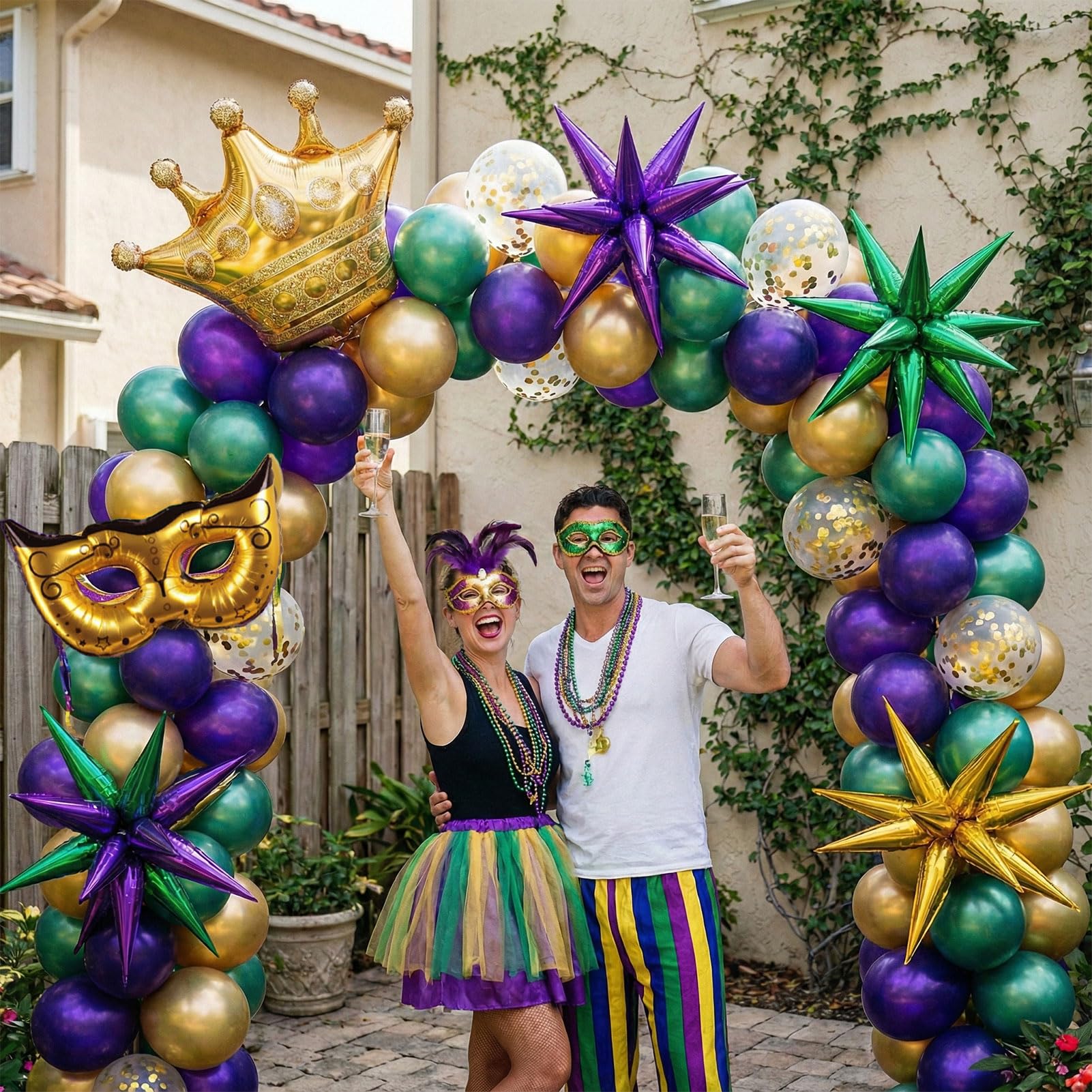 Mardi balloon garland arch kit Purple Emerald green gold with Crown and Mask star mylar Balloons for Grand Fat Tuesday Party Decorations for Gorgeous Funny Festive Vibe