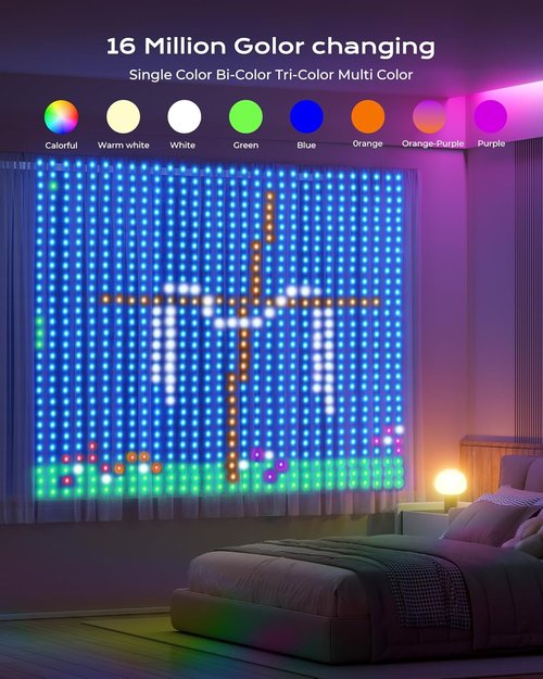 Brightown 400 RGBIC LED Smart Curtain Fairy Lights - 6.6x6.6ft Color Changing String Lights with Remote | IP65 Waterproof for Bedroom & Living Room
