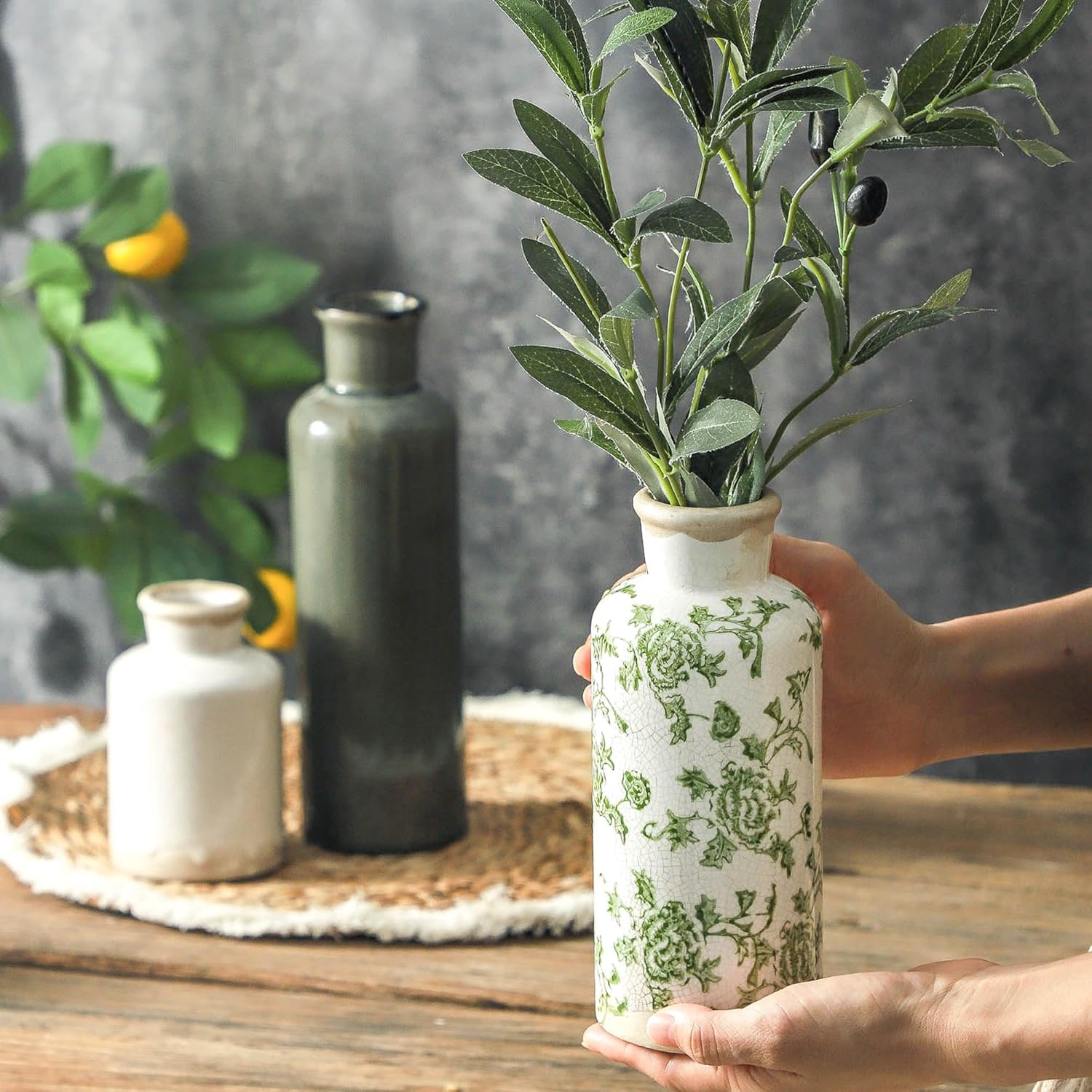 Skiennix Vintage Vase Set of 3 - Ceramic Chinoiserie Flower Vases for Rustic Home Decor | Green & Beige
