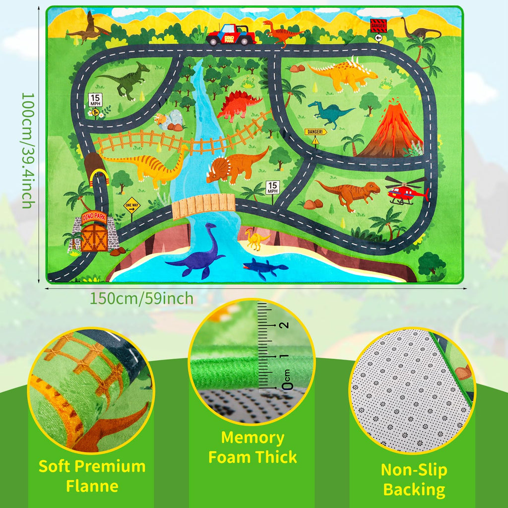 Car Rugs for Kids Toy,78.7"X59" Dinosaur Road Rugfor Kids,Non Slip Dino Safari Cars Track Rug,Washable Kids Carpet Playmat Rug for Playroom Bedroom Boys,Track Play Carpet for Kid