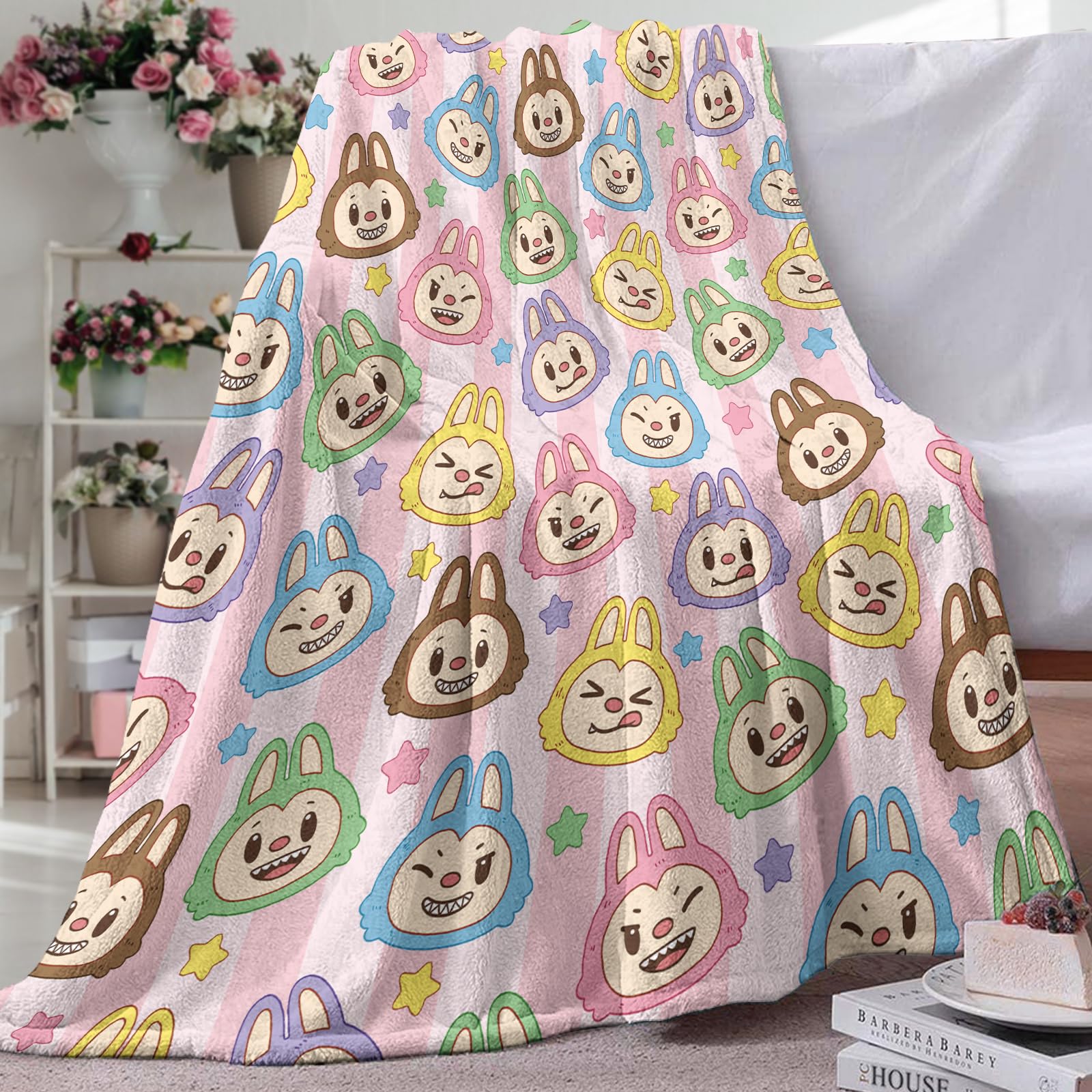 Pycat Cute Macaron Flannel Throw Blanket, Monster Stars Birthday Gifts for Men Women Adults, Stripes Soft Blankets for Bedding Sofa 50 x 60 Inches