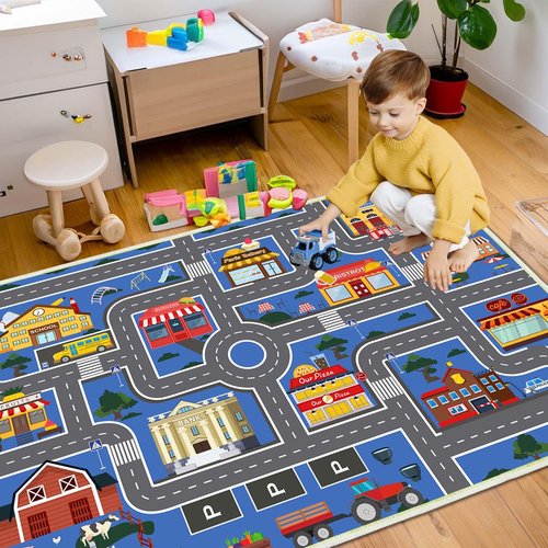 Xyrjova Play Mat Kids Rug for Boys and Girls, 31x47in Non-Slip Playroom Rug Car Rugs for Kids Toy Cars Kid Classroom Road Rugs for Kid