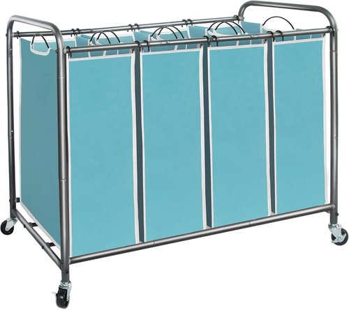 **Storage Maniac Laundry Sorter - 4-Section Hamper with Wheels & Removable Bags - 47.8 Gal, Blue**