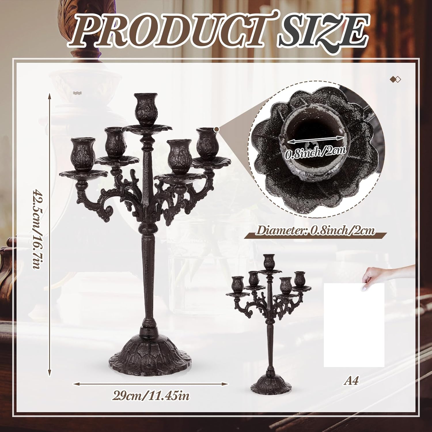 Mumufy Black 5-Arm Candelabra - Vintage Gothic Cast Iron Candle Holders | 16.7" Tall Centerpieces for Events