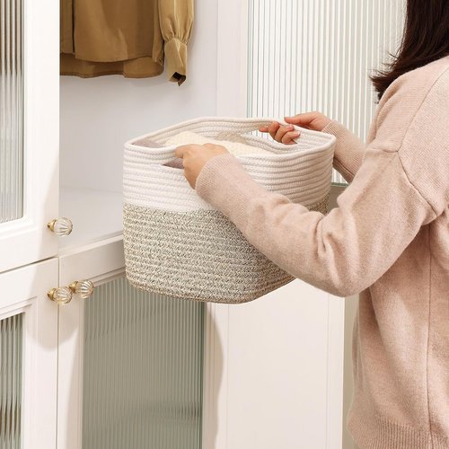 Homsorout Cotton Rope Baskets - 12” Decorative Woven Storage Bins for Living Room & Laundry | 4 Pack, White/Brown
