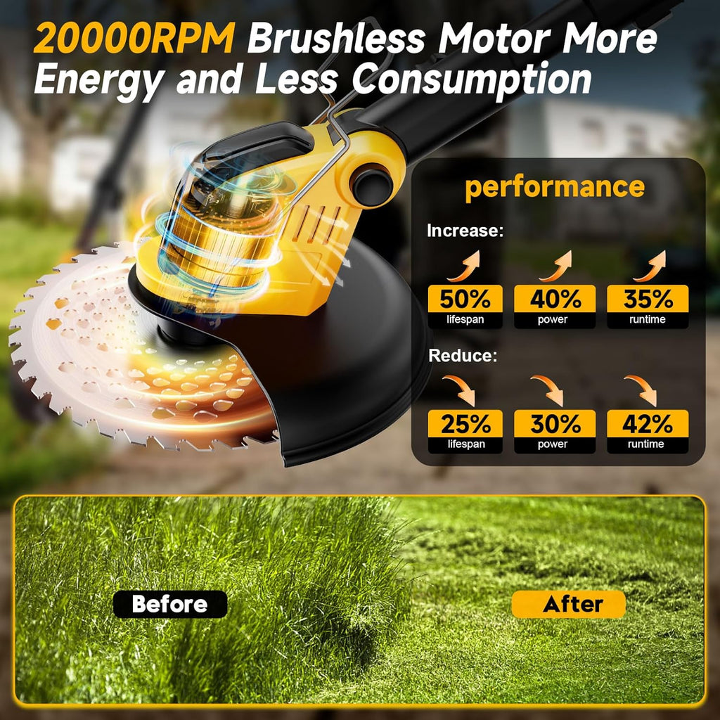 Skiennix 20000 RPM Brushless Battery Weed Wacker - Heavy Duty Cordless Lawn Tool with 2 Batteries