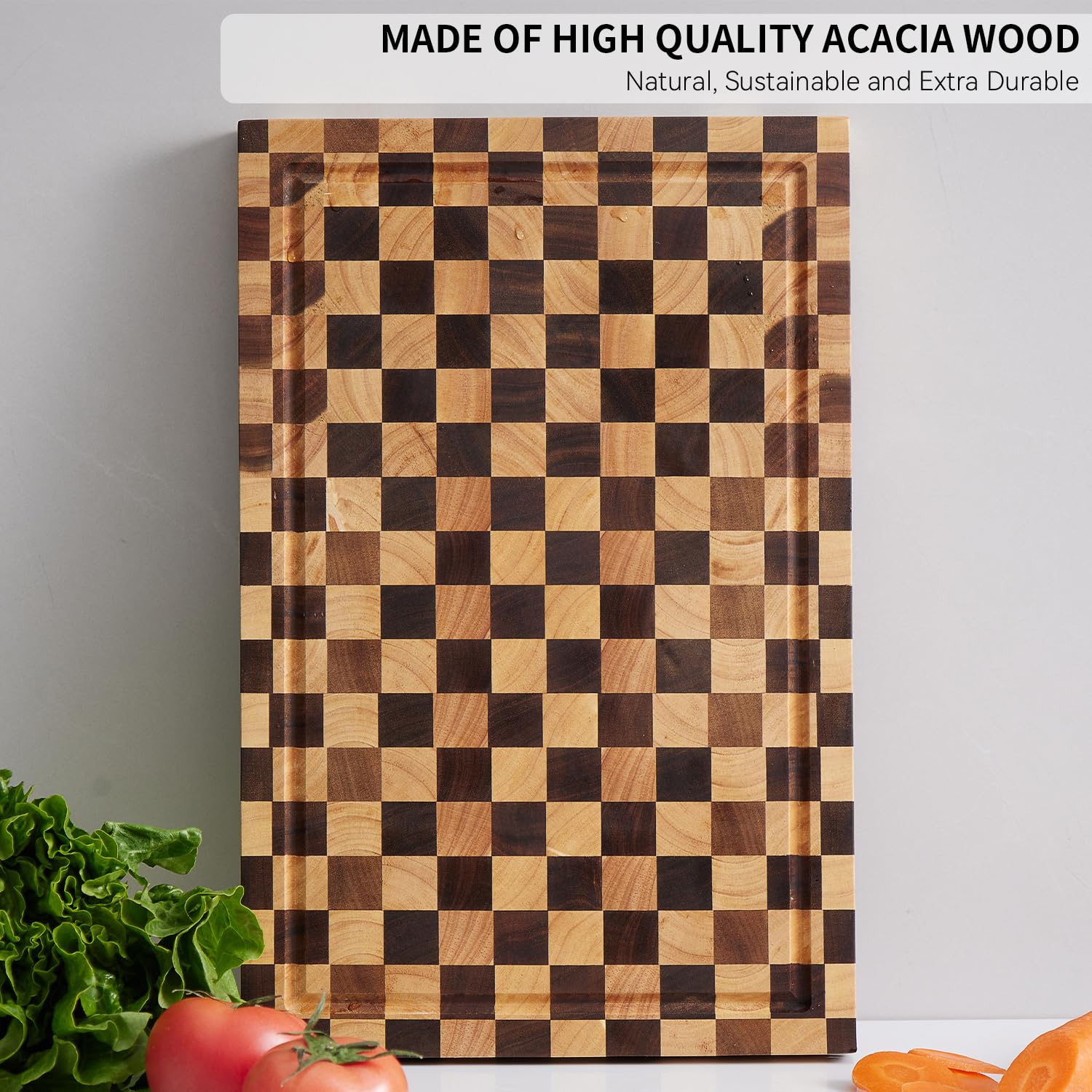 Cookaholic Acacia Wood Cutting Board (17x11x1.2'') Inch, Butcher Block for Kitchen, Premium Acacia Cutting Board with Juice Groove, End Grain Made of Sustainable Acacia Wood