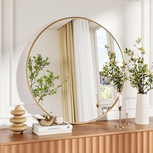 36" Gold Round Mirror for Wall, Large Circle Bathroom Mirror, Matte Gold Metal Frame, HD Eco-Friendly Glass, Contemporary Vanity Entryway Hallway Living Room Home Decor, Easy to Hang