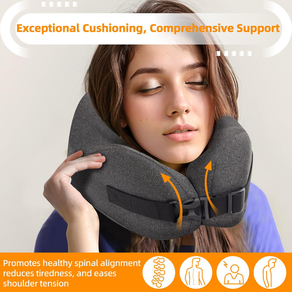 nadachi Neck Pillow Airplane Travel Set - Pure Memory Foam Travel Neck Pillow, Plane Pillow for Long Flights Essentials, Sleeping with 3D Contoured Eye Mask, Earplugs, Portable Bag (Darkgray-M)