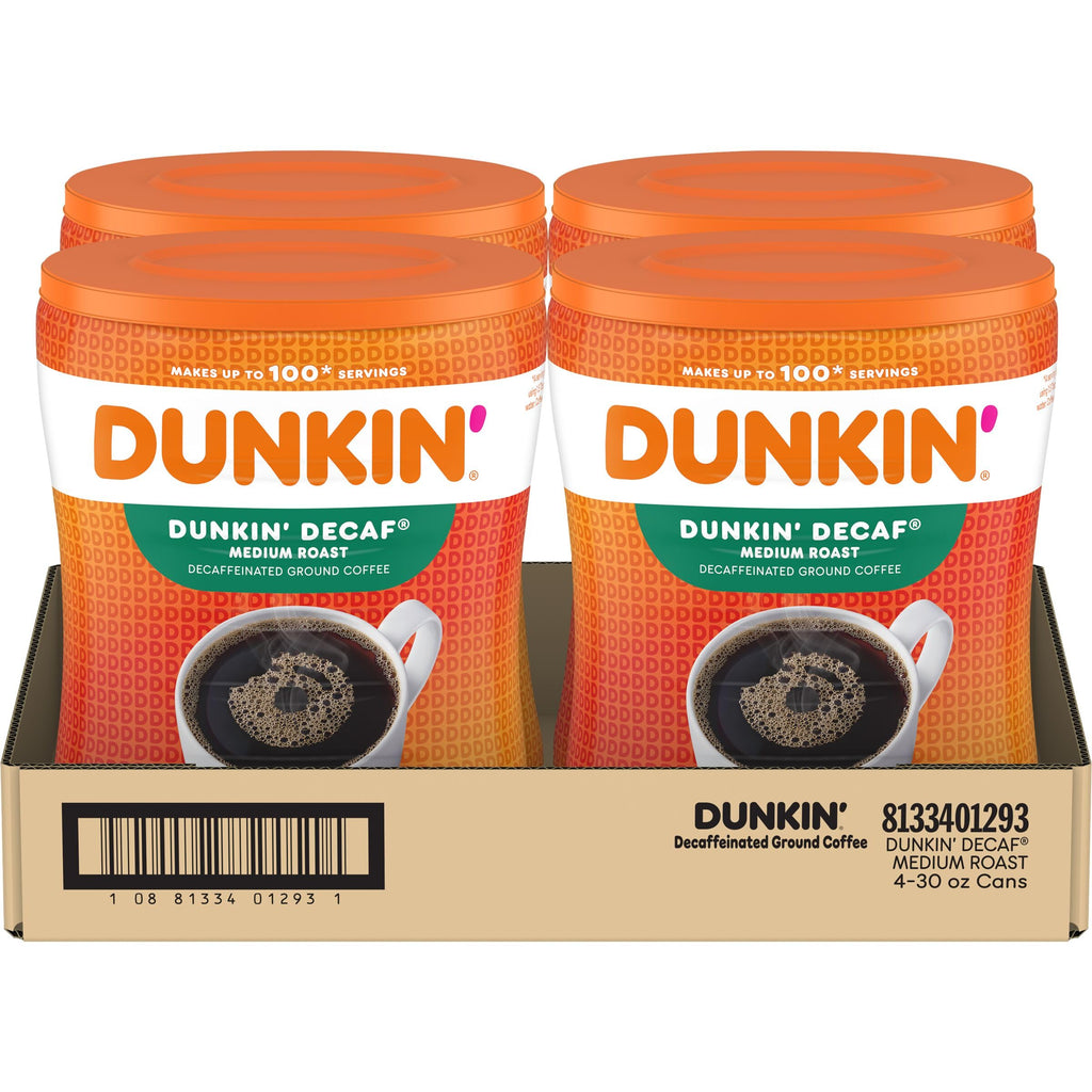 Dunkin’ Decaf Medium Roast Ground Coffee, 30 Oz. Canisters (Pack of 4)