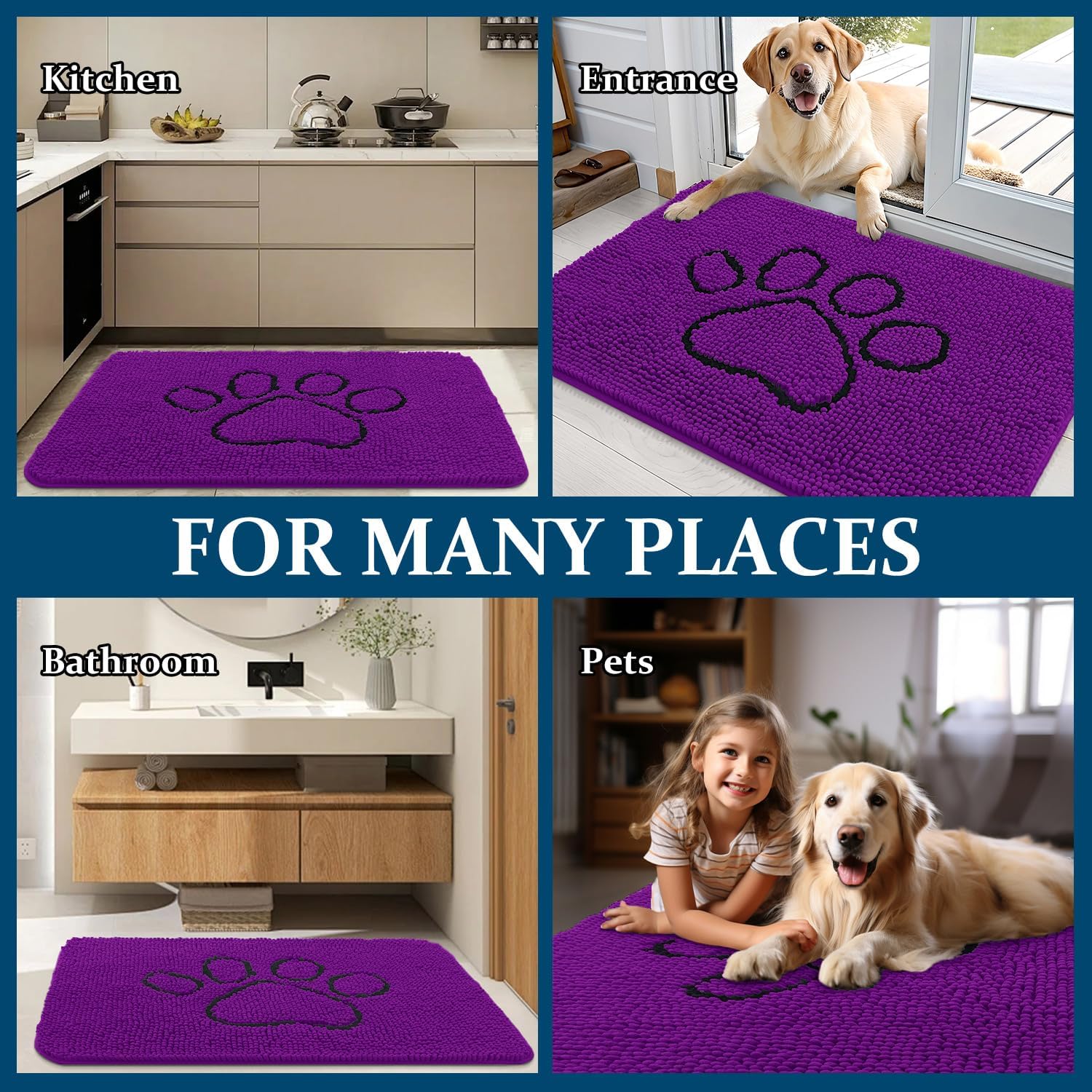 OLANLY Dog Door Mat - Absorbent Non-Slip Mud Mat for Paws | 36x24 Purple Chenille Design