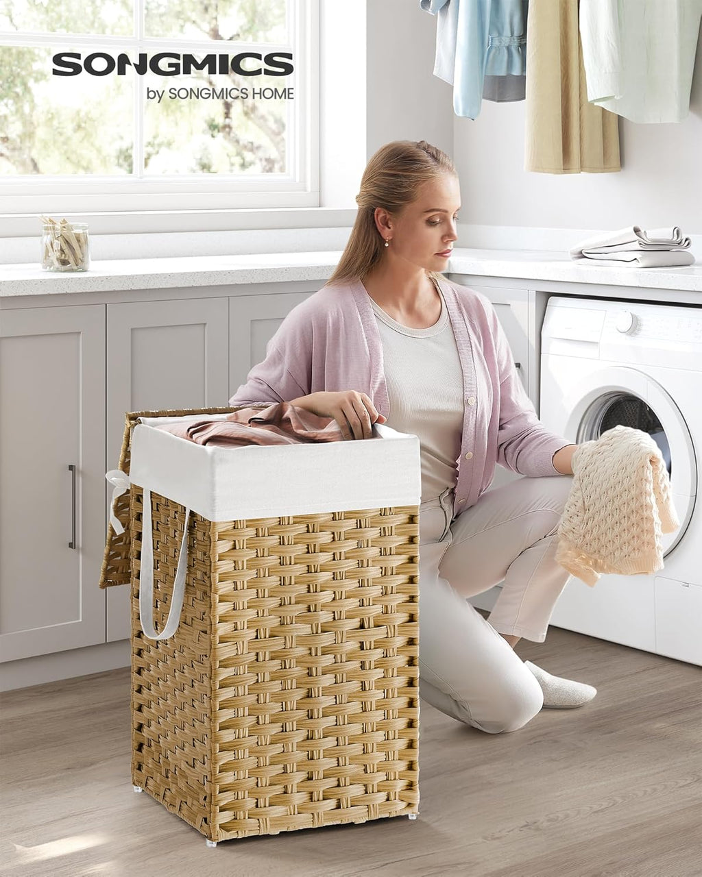 SONGMICS Laundry Hamper - 17.2 Gallon Synthetic Rattan Basket with Lid & Handles | Foldable, Goose Yellow