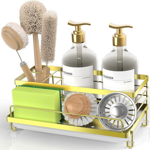 Cisily Kitchen Sink Caddy - Gold Stain-Resistant Tray with 4 Storage Spaces | 5.3" Wide, 9.49" Long
