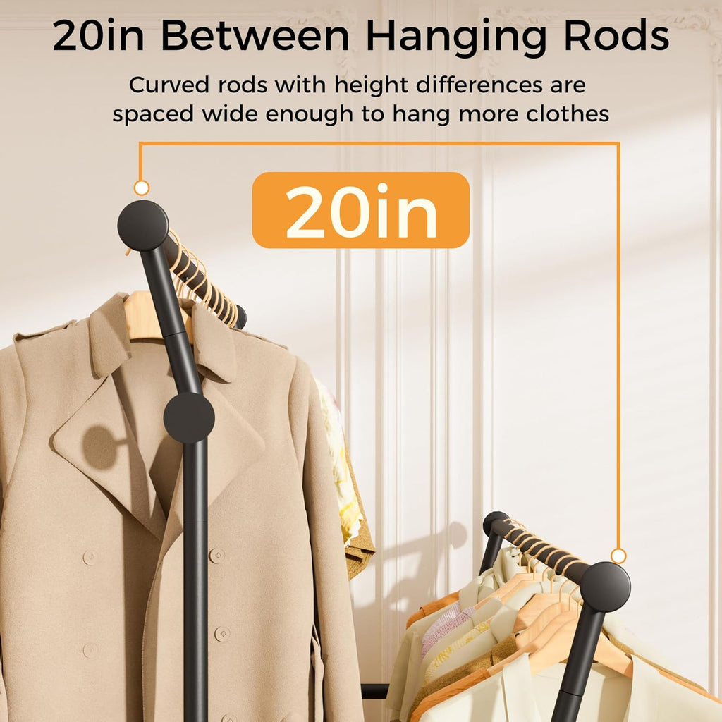 Skiennix Double Rods Clothes Rack - Portable Rolling Garment Rack with Hooks & Mesh Shelf | Black