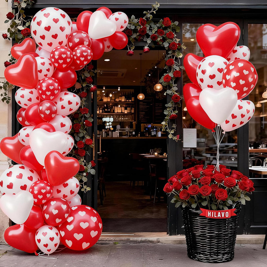 Valentines Day Balloons 60 Pack Red White Heart Shaped Balloons Set Romantic Heart Print Latex Balloon for Sweet Galentines Proposal Engagement Wedding Bridal Shower Mothers Day Party Decorations