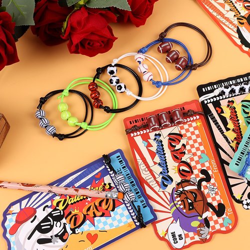 CCINEE 24 Pack Sports Valentines Day Gifts Cards with Bracelets for Classroom Prizes School Rewards Exchange Gifts Valentines Party Favors