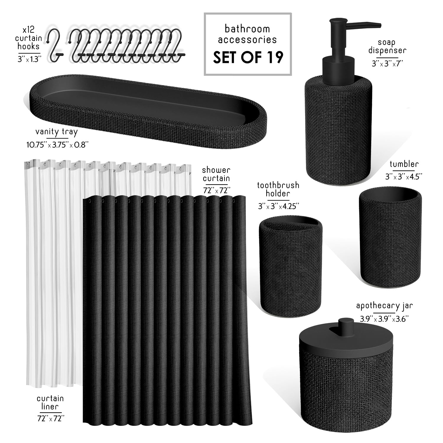 Clara Clark Bathroom Set - Black Bathroom Accessories Set, 19PC Bathroom Accessory Set, Bathroom Sets with Shower Curtain Set, Soap Dispenser & Toothbrush Holder