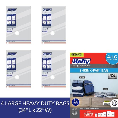Hefty Vacuum Bags for Clothes 4 Pack, Space Saving Large Vacuum Storage Bags (34 X 22 Inches) Compression Seal for Bedding, Travel Pump Included (4 Large Heavy Duty)