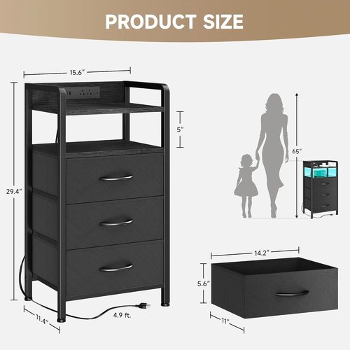 Lazzanto Night Stand | Modern Bedside Charger with LED Light Strip & Storage Drawers - USB Ports & AC Outlets