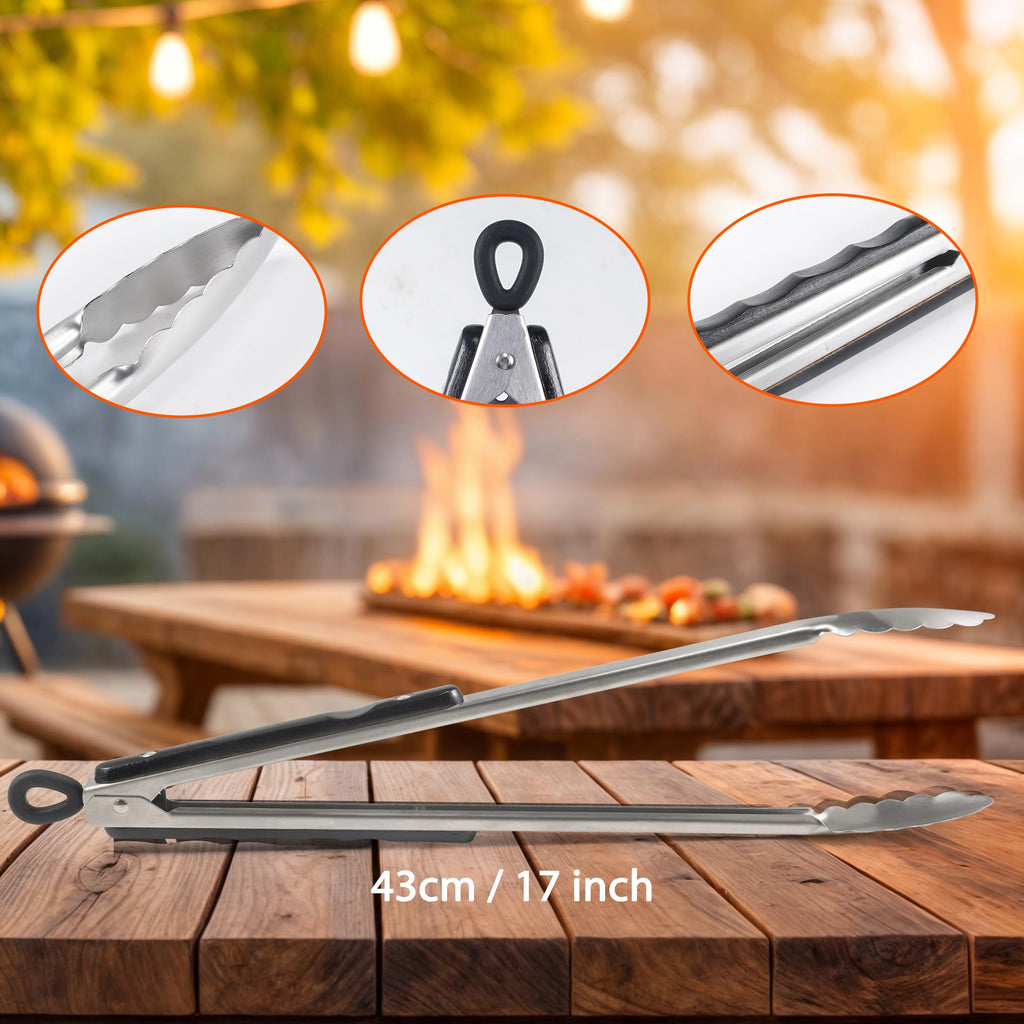 17-Inch Long Wood-Handled Grill Tongs, Stainless Steel Metal Tongs for Cooking, Grilling, Charcoal, Barbecue/BBQ, Buffet