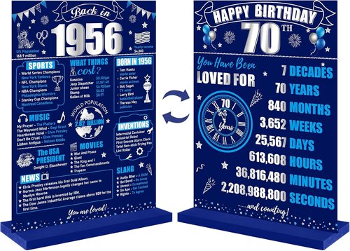 Back in 1956 70th Birthday Decorations - Two-Sided Wooden Table Sign with Stand | Blue & Silver Display