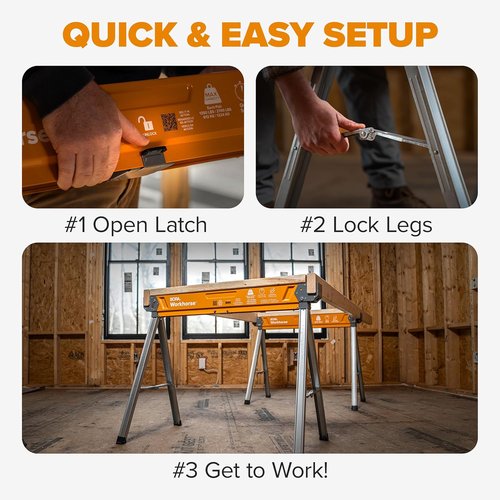 BORA Workhorse Saw Horses - Heavy Duty Folding Metal Sawhorses with 2x4 Bracket & Built-In Bottle Opener | 2-Pack