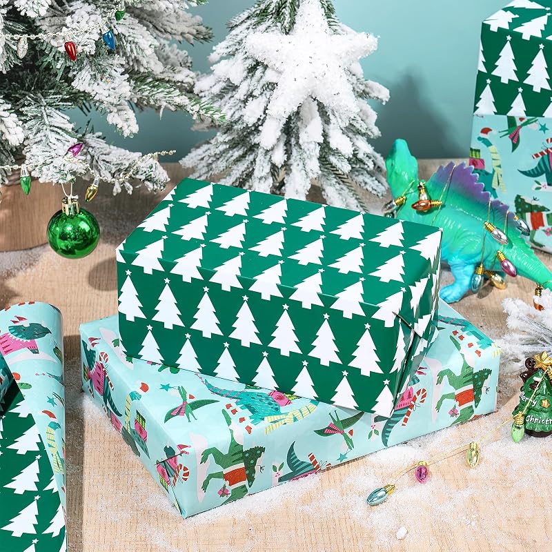 Reversible Christmas Dinosaur Wrapping Paper Roll - 17in x 16.4ft, Blue/Green with Dino & Tree Design (Variation: Christmas Dinosaur & Plaid+17 in x 16.4 ft)