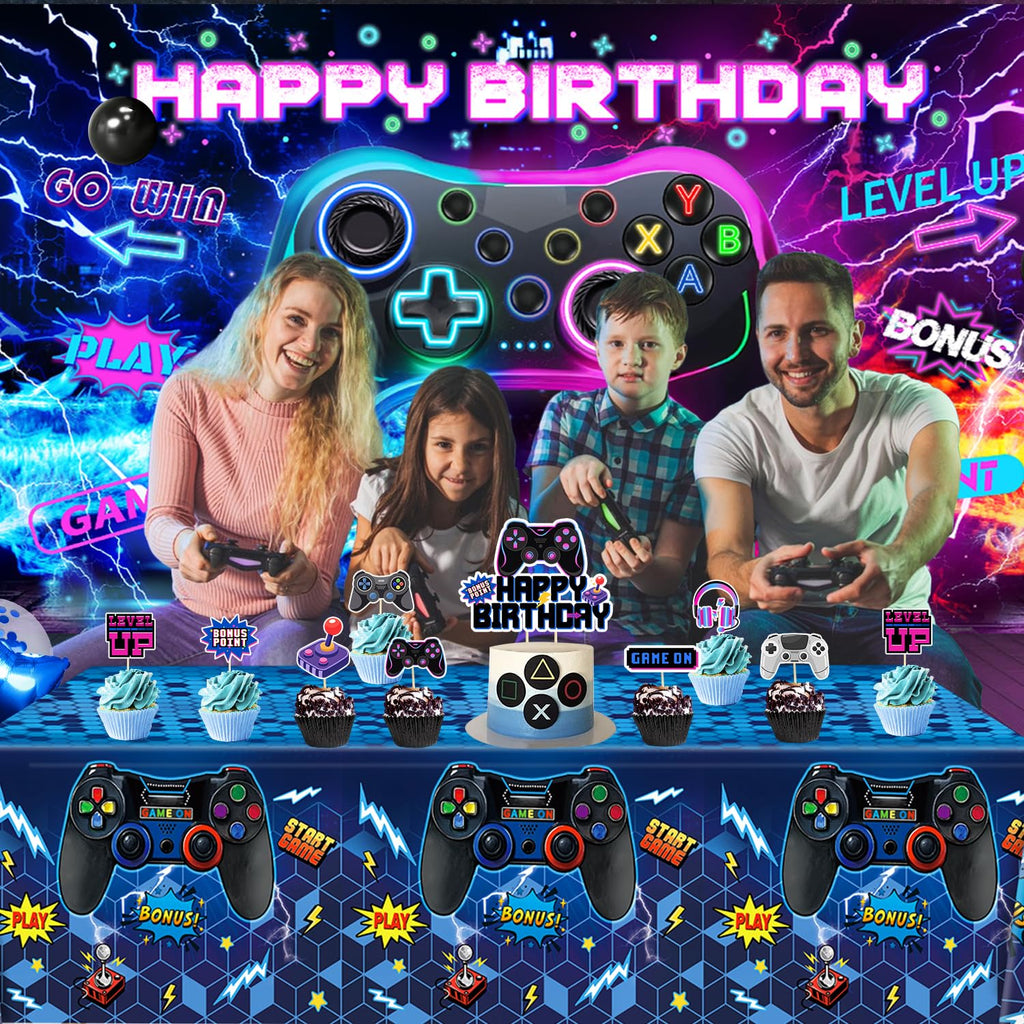 Video Game Birthday Decorations, Level Up Party Supplies Includes Plates, Napkins, Forks, Banner, Tablecloth for Boys Gamer Birthday Party Decorations, Serves 24