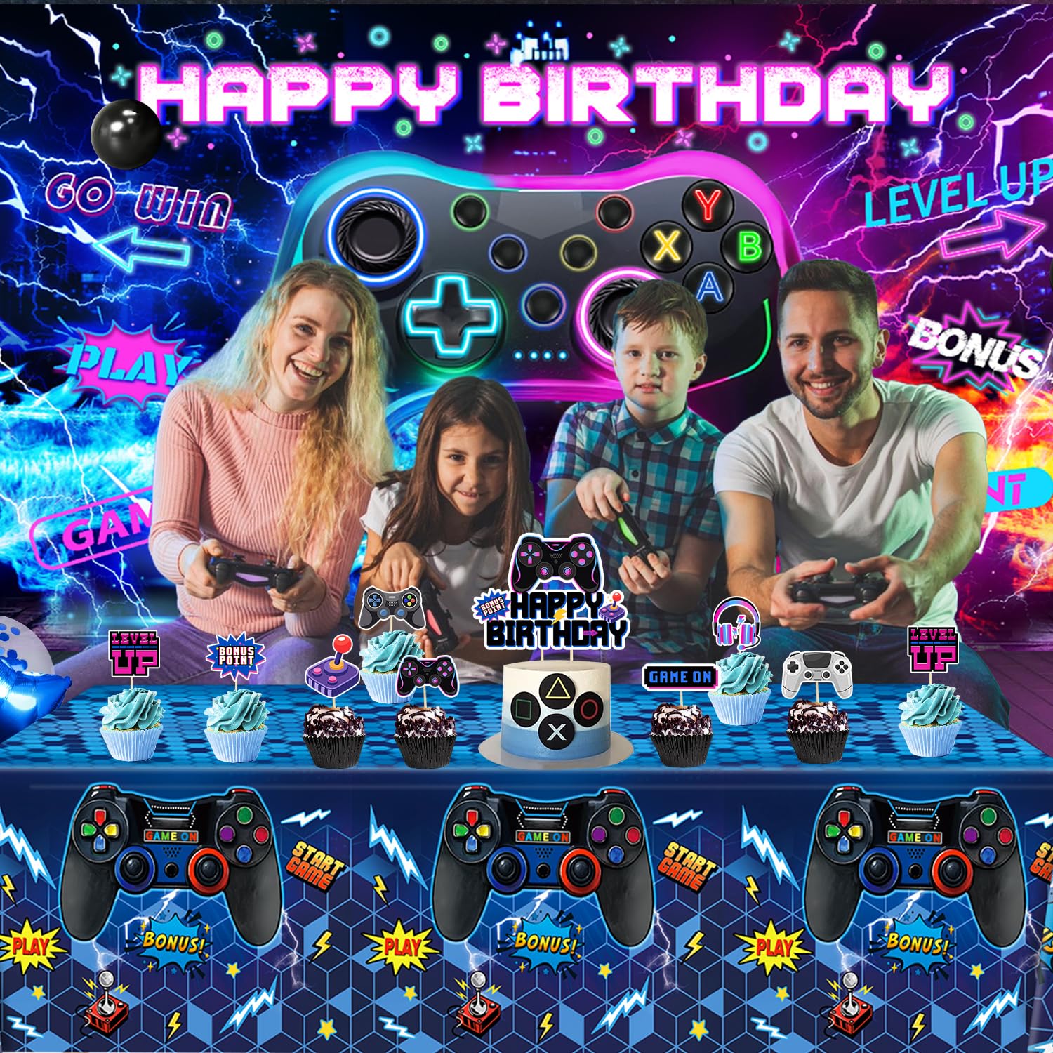 Video Game Birthday Decorations, Level Up Party Supplies Includes Plates, Napkins, Forks, Banner, Tablecloth for Boys Gamer Birthday Party Decorations, Serves 24