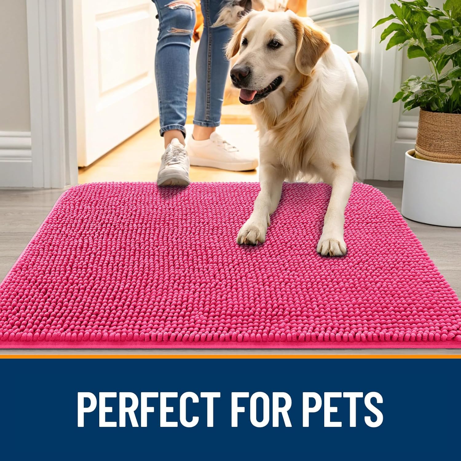 OLANLY Dog Door Mat - Absorbent Non-Slip Chenille Mat for Muddy Paws | 45x27, Quick Dry, Hot Pink
