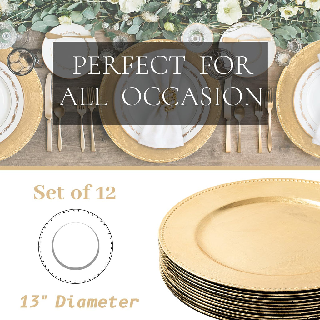 MAONAME Gold Charger Plates Set of 12, Foil 13" Plate Chargers with Beaded, Plastic Round Chargers for Dinner Plates, Table Setting