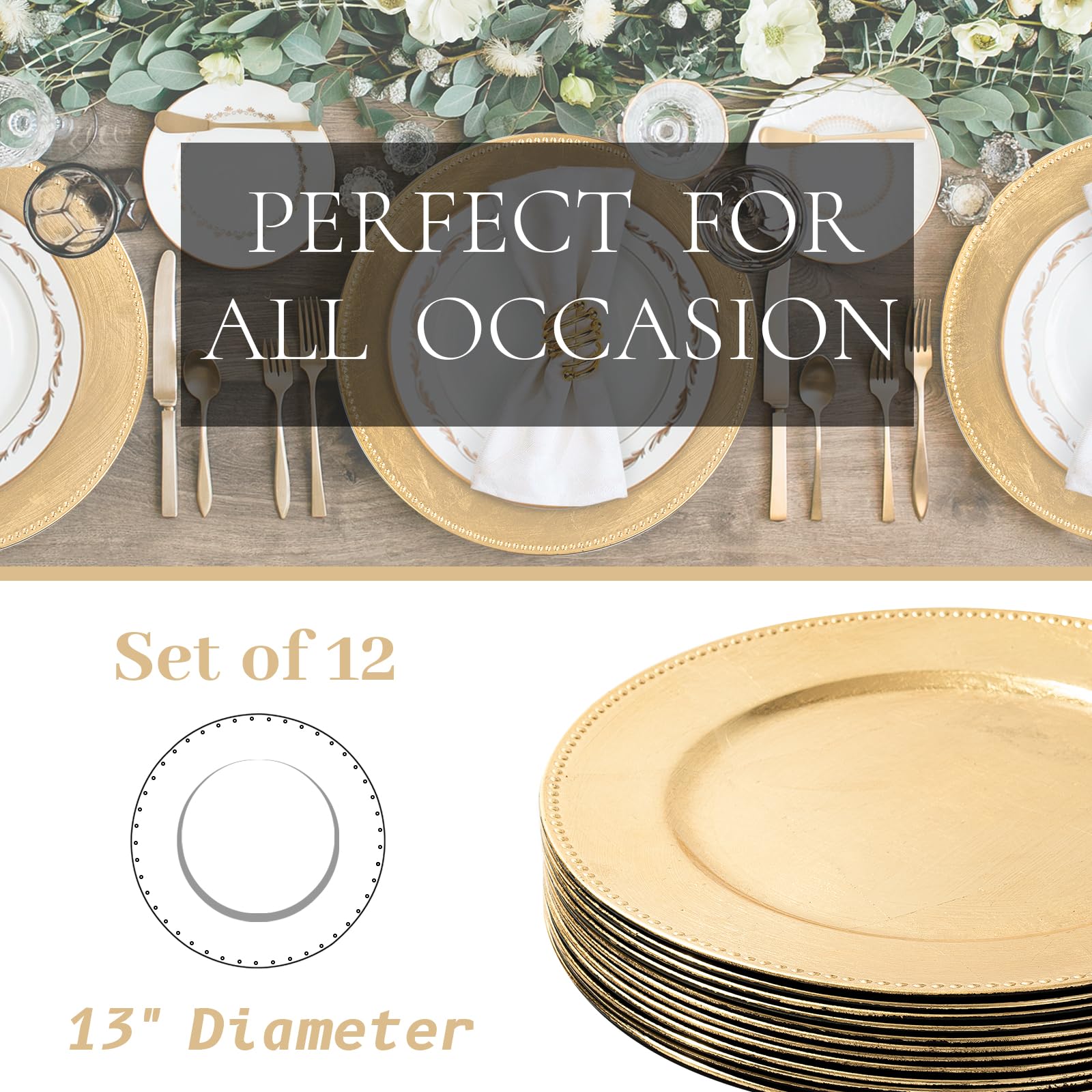 MAONAME Gold Charger Plates Set of 12, Foil 13" Plate Chargers with Beaded, Plastic Round Chargers for Dinner Plates, Table Setting