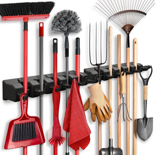 2 Pack Mop and Broom Holder by Home Organizers - Wall Mount Storage with 5 Slots & 6 Hooks - Ideal for Home, Kitchen, Laundry Room - Black