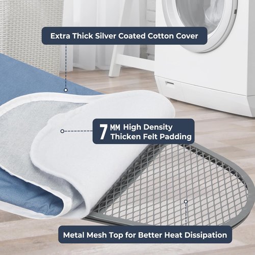 EASI Ironing Board Full Size 48" x 15" with Iron Rest, 7 Height Options 26" to 36", Foldable Iron Board with Removable Covers, Thick Padding and Heavy-Duty Steel Legs, Blue