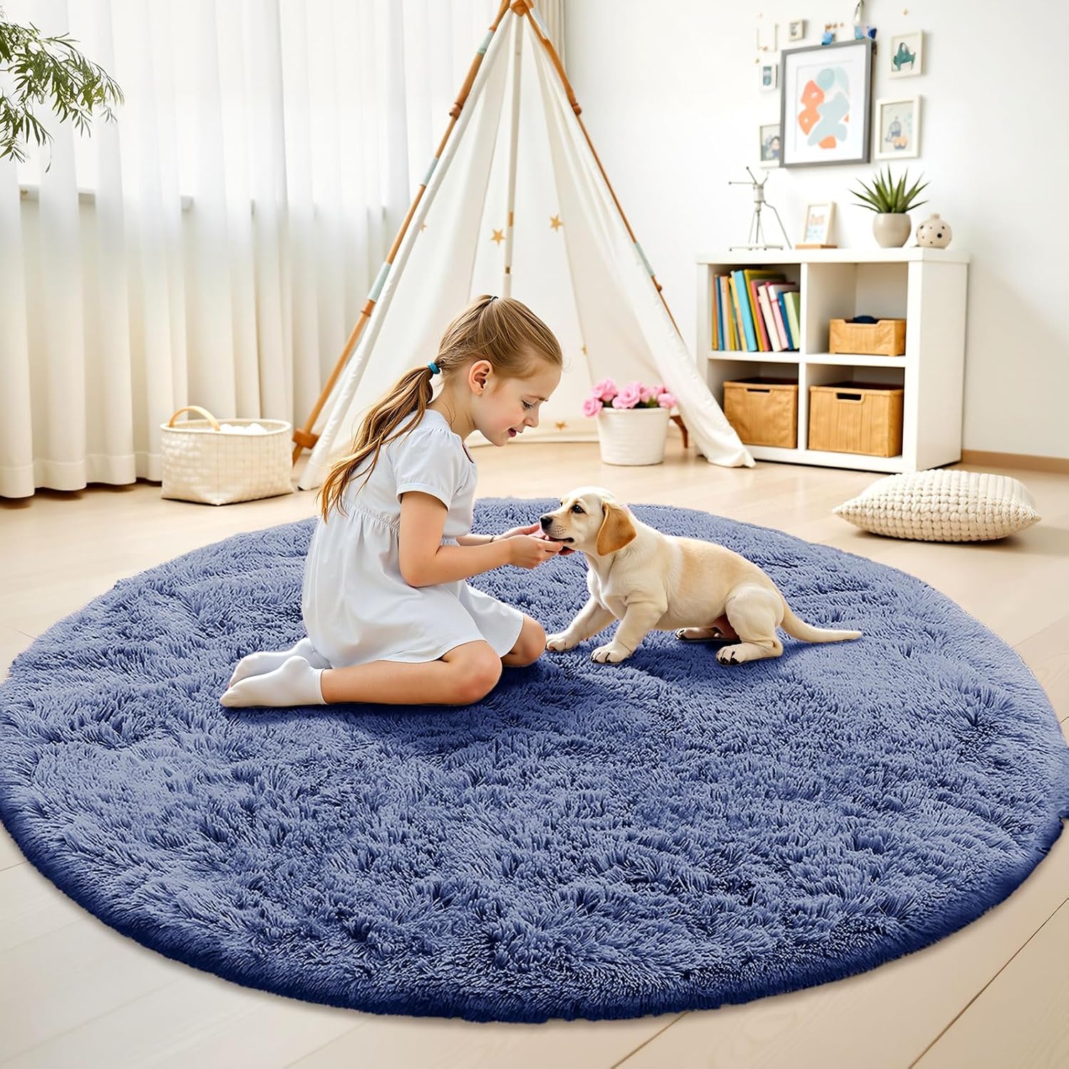 OLANLY Denim Blue Round Rug - Soft, Fluffy Shaggy Carpet | 7 ft Machine Washable Area Rug for Bedroom & Living Room