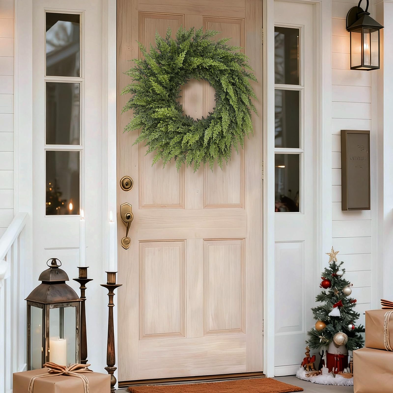24" Soft Textured Christmas Cedar Wreath - Artificial Cedar Wreaths Faux Green Fake Pine Needles Wreath for Front Door, Wall, Windows, Home,Outdoor,Xmas Decor
